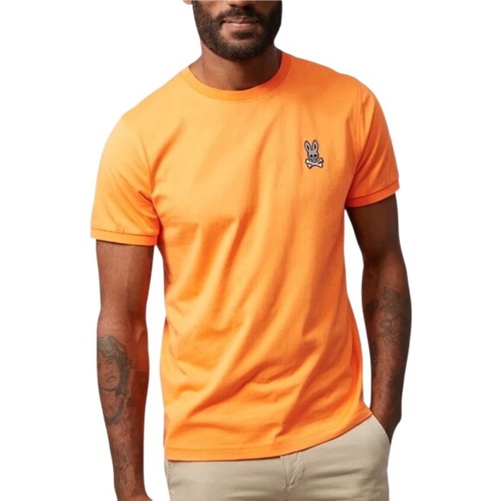 Psycho‎ Bunny Mens Orange Short Sleeve Crew Neck T Shirt Bunny Logo Size M